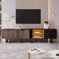 200 cm ilgio TV spintelė su juodo marmuro išvaizda, tamsaus medžio tekstūros durelėmis, reguliuojamu LED apšvietimu, dviem durelėmis ir dviem stalčiais