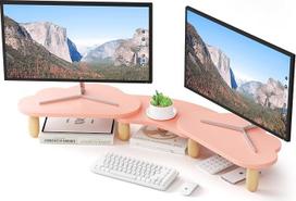 Dviejų monitorių stovas, "Rainbow Cloud" stalinio kompiuterio stovas 2 monitoriams, reguliuojamo ilgio ir kampo, daugiafunkcinis stalinio kompiuterio organizatorius nešiojamajam kompiuteriui, asmeniniam kompiuteriui, kompiuteriui, spausdintuvui, rožinės s