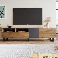 Dvispalvė TV spintelė, TV spintelė be rankenų, žemoji lentyna su stalčiais ir durelėmis, svetainės baldų TV spintelė, 180 cm ilgio