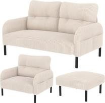Modulinė sofa - dvivietė sofa, fotelis ir osmanas su ergonomišku atlošu, šonine kišene ir tvirtu mediniu metaliniu rėmu - idealiai tinka svetainei ir mažiems butams (smėlio spalvos, 3 dalys)
