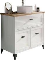 Muebles Pitarch | Vonios baldai su keraminiu praustuvu, 80 cm pločio, su kojelėmis, stalčiumi, 2 durelėmis, baltos ir Kambrijos ąžuolo spalvos, senovinio stiliaus Toscana