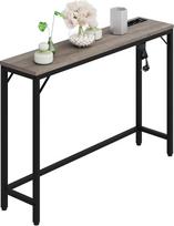 Siauras konsolinis staliukas su kištukiniu lizdu ir USB jungtimi, 100 x 23 x 80 cm, šoninis staliukas, prieškambario staliukas, mažas parodų staliukas, sofos staliukas, vintažinė ruda/juoda spalva, skirtas prieškambariui, fojė, svetainei, vintažinė pilka