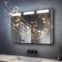 SVNR 90 x 65 cm veidrodinė spintelė su LED apšvietimu vonios kambaryje, 3 durų vonios kambario veidrodinės spintelės apšvietimas su "Bluetooth", jutikliniu jungikliu, apsauga nuo rūko ir kištukiniu lizdu, (sidabrinė)