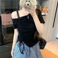 Plus Size Women's Off-the-Shoulder Slimming Drawstring Short-Sleeve Top 2XL (suggested 141-160 jin) juoda