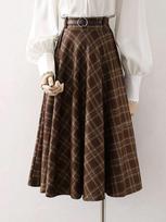 Women's Coffee Plaid A-line High-Waisted Retro Wrap Skirt S [90-100 cm]