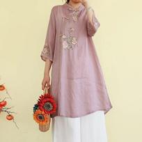 Embroidered Ethnic Cotton Linen Women's Top - Mid-Length, Loose Fit, Retro Chinese Style for Spring & Summer 2XL abrikosas