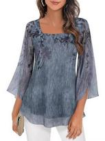 2026 Spring/Summer V-neck Temperament Print Three-Quarter Sleeve Irregular Top Large sidabro pilka spalva