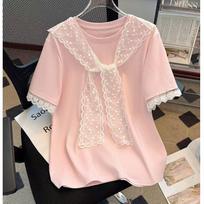 Women's Plus Size Doll Collar Lace-Up Short Sleeve T-shirt - 2025 Summer Slimming Fashion Top L (101-120 lbs) rožinė