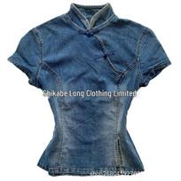 Vintage Chinese Denim Qipao Top: Short Sleeve, Stand Collar, Waist-Cinching, Frog Button, Daily Streetwear Style for Women. Small karališkos mėlynos spalvos