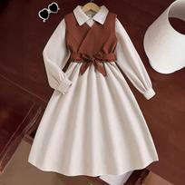 Girls' Outfit Children's Clothing Autumn New Vintage Belt Vest Elegant Long Sleeve Dress Two-Piece Set 8Y balta