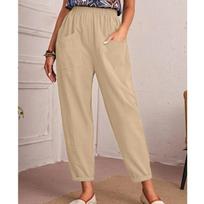 Įprastos medvilninės ir lininės, aptemptos, apkarpytos kelnės iki liemens su kišenėmis Vasaros madingos vientisos laisvos kelnės Pantalon Femme 26266 S žavėjimasis