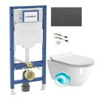 GEBERIT DUOFIX potinkinis WC rėmas su šveisto juodo chromo spalvos mygtuku ir GSI Pura 55cm pakabinamu wc su ExtraGlaze keramikos danga