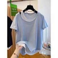 Plus Size Korean Snowflake Cotton Two-Piece Look T-Shirt, Women's Short Sleeve, Loose Casual Top (2026) 2XL (up to 92.5 kg) mėlyna