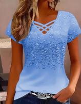 Women's Trendy V-Neck Cross-Strap Gradient Print Short-Sleeve T-Shirt - European & American Style Medium šviesiai mėlyna spalva