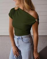2026 European & American Women's Slim Ribbed Solid Color T-shirt with Metal Decoration Small (S) armijos žalia spalva