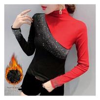 Women's Color Block Rhinestone Half-High Neck Long Sleeve Fleece-Lined Base Layer T-shirt - 2025 Autumn/Winter Fashion. L mėlyna