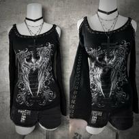 2026 Dark Gothic Fallen Angel Rhinestone Strappy Off-the-Shoulder Long Sleeve Women's Top Large juoda
