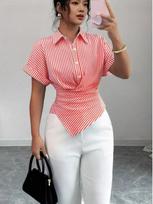 2026 European & American Women's Striped Short Sleeve Tie-Up Slimming Top M mėlyna