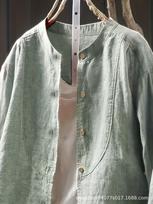 2025 Autumn Retro Artistic Loose-Fit Linen Stand Collar Cardigan Shirt XXL šviesiai žalios spalvos