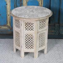 "Casa Moro" rytietiškas šoninis staliukas "Haytam", baltos spalvos, rankomis drožinėtas mangmedis, skersmuo 52 cm, sofos staliukas NH-5326-B