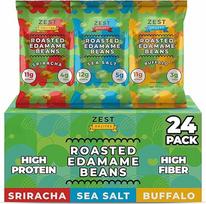 "Zest Delites" skrudintų edamame pupelių užkandžių mišinys - jūros druska, šrirachos ir buivolų, veganiški keto baltymų užkandžiai (12 g baltymų), be glitimo, mažai angliavandenių, sveiki užkandžiai, 24 x 26 g pakuotės (3 rūšys)