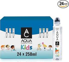 AQUA CARPATICA 250 ml x 24 negazuotas natūralus mineralinis vanduo vaikams, puikiai tinka vaikams ir kūdikiams, su nepralaidžiu "Sippy" uždarymu, vaikiškas gėrimas be BPA, 100 % perdirbamas, tinka kūdikių maistui
