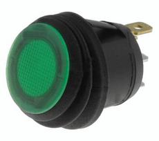 Jungiklis klavišinis, ON-OFF, fiks, 3k. 10A/24Vdc, Ø19.8mm, SPST, apvalus, hermetizuotas, žalias, švieč., LED 24V DC