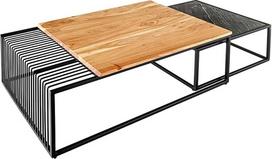 "Riess Ambiente Architecture" kavos staliukai 90 cm natūralios akacijos medienos juodojo akmens lukšto metalinis staliukas lentyna 2 vnt.