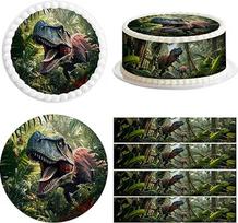 Dinozaurų torto viršūnė, 1 gabalas valgomasis torto papuošimas, skersmuo 20 cm + 4 gabalai torto juostelės, valgomasis 24 cm x 5 cm, dinozaurų torto papuošimas gimtadienio proga