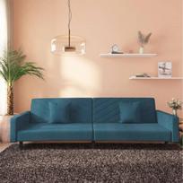 Dvivietė sofa-lova su dvejomis pagalvėmis, mėlyna, aksomas