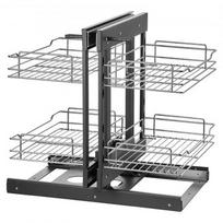 Virtuvės spintelės organizatorius, 2 aukštų 4 lentynų kampinis ištraukiamas mechanizmas, 60.5x45.5x59 cm, chromas, anglinio plieno laikymo sistema