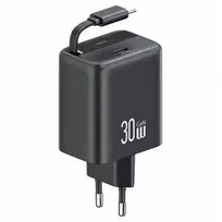 USAMS YC Series CC241 travel charger | 30W | GaN, PD, QC | USB-C | includes USB-C to USB-C cable | black