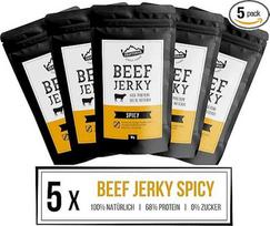"Craftsman" jautienos džiūvėsiai "Spicy" | Be cukraus | Iš Vokietijos - Bavarijos | Rinkinys 5 x 50g = 250g | 100% jautiena | Daug baltymų 68% | Džiovinta mėsa "Chili" | Džiūvėsiai 100% natūralūs |