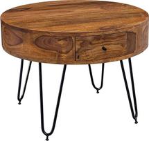 FineBuy Sheesham kavos staliukas iš medžio masyvo, apvalus, 60 cm skersmens - svetainės stalas su stalčiumi ir juodomis plaukų smeigtukų kojelėmis, retro dizaino medinis stalas, rankų darbo, rudos spalvos
