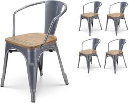 Kosmi - Lot de 4 chaises en métal grey argenté style industriel Avec assise en Bois Clair - Avec accoudoirs