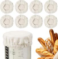 Pakuotė iš 8 raugo starterio stiklinių audinių dangtelių, 8-10 cm elastingas daugkartinio naudojimo medvilninis audinys, raugo fermentacijos rezervuaro audeklo dangtelis, audeklo dangtelis raugo stiklainiams