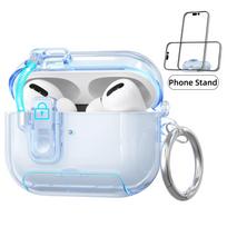 Skaidrus dėklas AirPods Pro 3, dėklas su telefono laikikliu ir saugos užraktu, automatiškai iššokantis dangtelis, su valymo rašiklio dangteliu, skirtas AirPods Pro 3 for AirPods Pro 3 skaidri mėlyna spalva