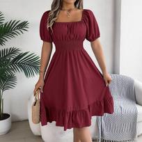 Women's Fashionable Retro Color Square Collar Fungus Hem Waist A,line Long Skirt Short,sleeved Dress M
