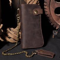 Anti Theft Iron Chain Oil Wax Leather Wallet, Retro Japanese Wind Pressure Dragon Pattern Head Layer Cowhide Long Style, Trendy Student