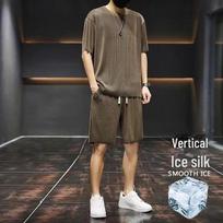 Vyriškas vasarinis greitai džiūstantis šilkinis sportinis kostiumas su trumpomis rankovėmis ir ilgomis kelnėmis 4XL