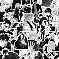 Jujutsu Kaisen juodai balti lipdukai, 63 lakštai, atsparūs vandeniui ir kremai nuo saulės