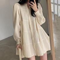 Spring Summer Long Sleeve Dress Women Lovely Solid A Line Ruffles Korean Apricot Fashion Retro Turn Down Collar  Clothes XS smėlis