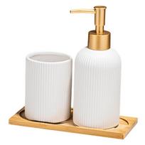 3PCS Ceramic Liquid Soap Dispenser with Storage Wood Tray Toothbrush Cup for Household Bathroom Organizing Essential balta