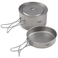 Lixada 2pcs Camping Cookware Set Titanium Pot Pan Cooking Set with Foldable Handles Mesh Carry Bag gray