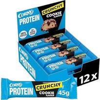 "Corny Protein Crunchy Cookie" skonio, 30 % baltymų, baltyminis batonėlis be pridėtinio cukraus, didelė pakuotė, 12 x 45 g