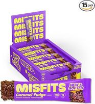 "Misfits" veganiškas baltymų batonėlis, "Caramel Fudge", augalinis šokolado baltymų batonėlis, daug baltymų turintys užkandžiai, 15 g baltymų batonėlyje, mažai angliavandenių, 1 g cukraus, daug skaidulų, sveiki užkandžiai, 15 x 50 g batonėlių (Vegan)
