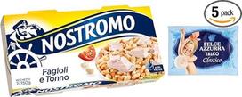 5 pakuočių "Nostromo Tonno e Fagioli Ready Meal" su tunu ir pupelėmis, 2 x 150 g + 1 pakuotė nemokamo talko miltelių "Felce Azzurra", 100 g maišelis