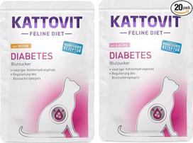 Kattovit Feline Diet Diabetes/Weight 20 x 85 g paketas | Dietinis drėgnas maistas katėms, sergančioms diabetu | 10 x vištiena ir 10 x lašiša | Mažai riebalų | Daug skaidulų | Su L-karnitinu svoriui reguliuoti