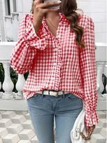 2026 Spring Plaid Ruffle Cardigan: Women's Stand Collar Long Sleeve Shirt Extra Large mėlyna