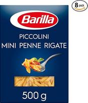 "Barilla Pasta Piccolini Mini Penne Rigate", pagaminti iš aukštos kokybės kietųjų kviečių ir gaminami vos per 6 minutes, 8 x 500 g
